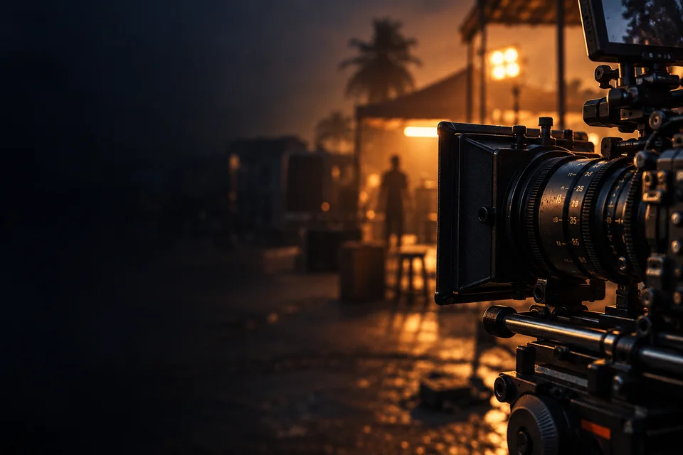 Illustrative close-up of a cinema camera on a softly lit set